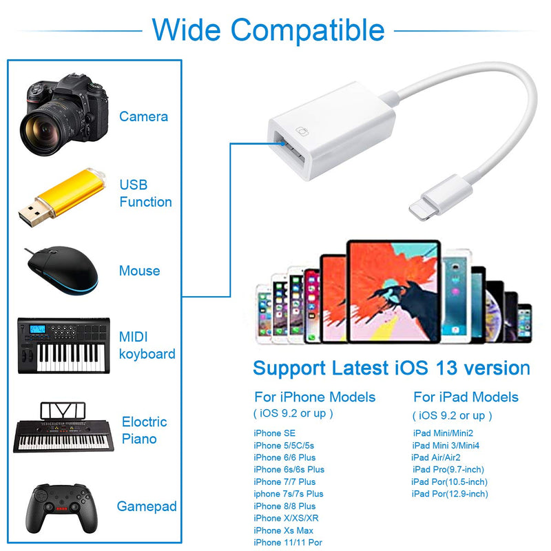 Lightning to USB Camera Adapter Lightning Female USB OTG Cable Adapter for Select iPhone,iPad Models Support Connect Camera, Card Reader, USB Flash Drive, MIDI Keyboard, White (White)