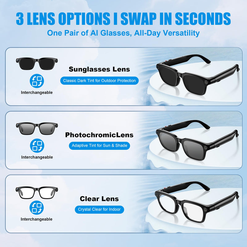 AI Smart Glasses with Camera, 8MP HD Camera Glasses for Women Men, Video Recording Sunglasses with Voice Assistant, Open-Ear Audio, Real-Time Translation for Life &Work Vlog, Black(3 Lenses)