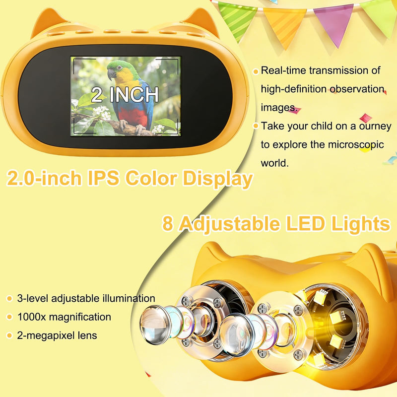 [AUSTRALIA] - 1000X Digital Microscope for Kids & Binoculars,Handheld Kids Microscope with 2.0" Screen,Rechargeable USB Portable Microscope,STEM Education Toys Christmas Birthday Gifts for Kids Boys Girls Ages 4-12 Yellow 