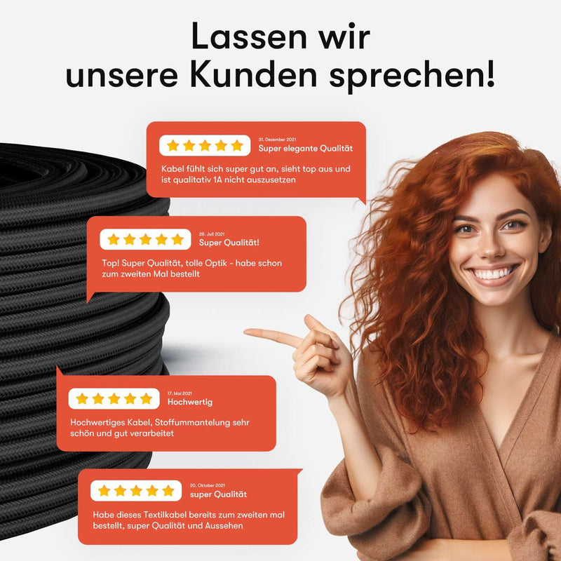 Textile Cable for Lamps, Various Colours, 2 Core, 2 x 0.75 mm2, black 3 Meter