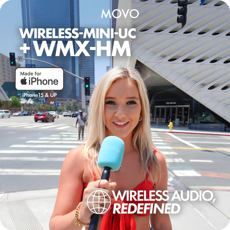 [AUSTRALIA] - Movo Wireless Mini UC Ultra Compact Wireless Lavalier Microphone for iPhone 15/16/17 and up with WMX-HM Handheld Adapter - Lapel Mic with Handle Mount for Content Creators, Interviews, Reporting USB-C 