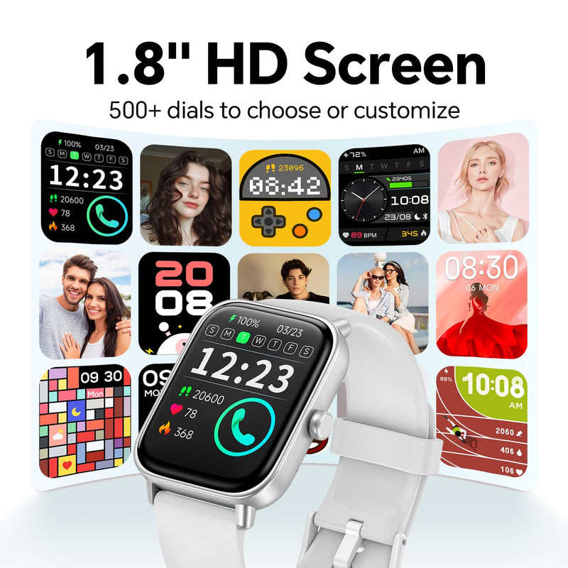 Smart Watch for Women Men, Alexa Built-in,1.8 Inches Large Display, Bluetooth Calls,Received Text, Health Monitoring, Sport Watch, Waterproof Fitness Tracker Watch for Android iOS (White, 1.8 inches) White