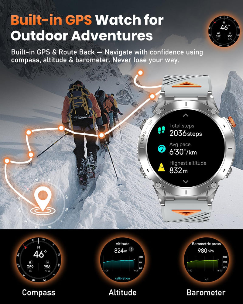 Military Smart Watch, 1.43" AMOLED Display, GPS, Bluetooth Calling, 730mAh Battery, 170+ Sports Modes, 3ATM Waterproof