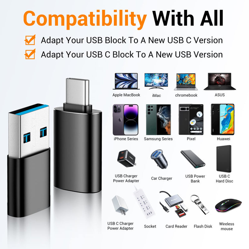 Temdan USB to USB C Adapter 4 Pack,【2*Type C Female to A Male Charger Converter】&【2*USB C Male to USB Female】 for Apple Watch Ultra 8 9,iPhone 15 Pro Max 14 13 12,AirPods,OTG Adapt USB to USB C-Black Black