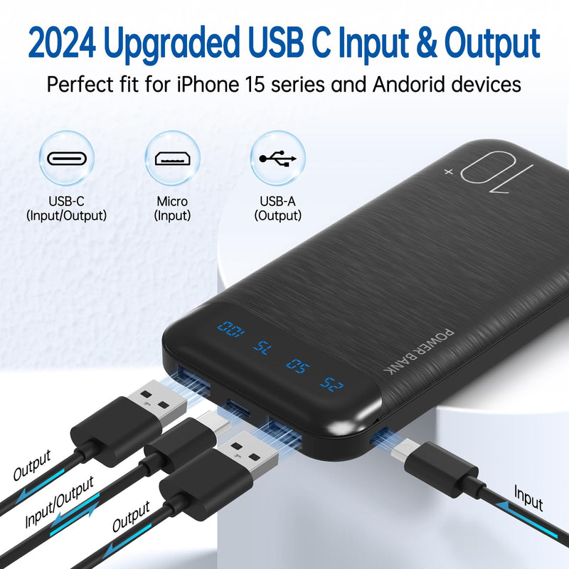 Power Bank 10000mAh Portable Charger Slim External Battery Pack with 2 USB 2.4A Outputs and USB C In/Out Compatible with Huawei iPhone 16 15 14 13 12 iPad Samsung Galaxy S20 Android Tablet (Black) Black