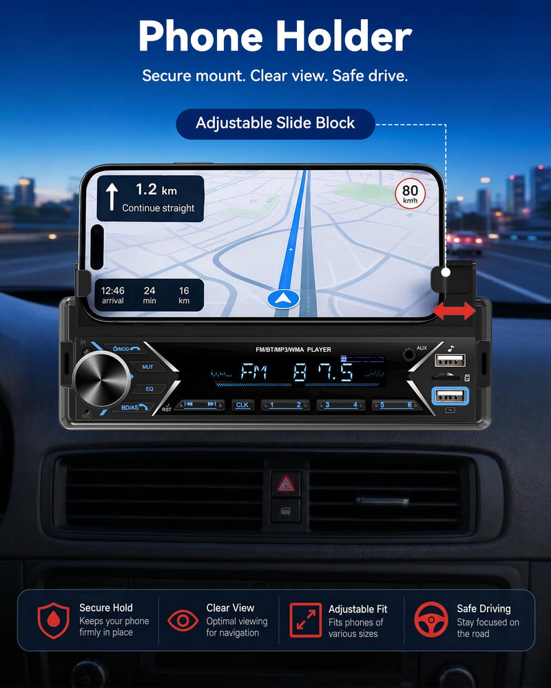 Single DIN Car Stereo Bluetooth Car Radio with FM/MP3/AUX Dual USB SWC Colorful Lights Phone Holder & Wireless MIC P2