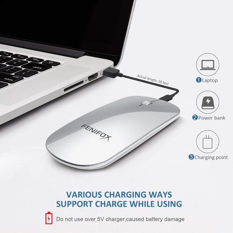 Bluetooth Mouse, FENIFOX Slim Mini Portable Flat Travel Wireless Mouse Rechargeable Quiet Ultra-Thin Mice Compatible with Laptop,Tablet,Notebook,PC (Silver and White) Silver
