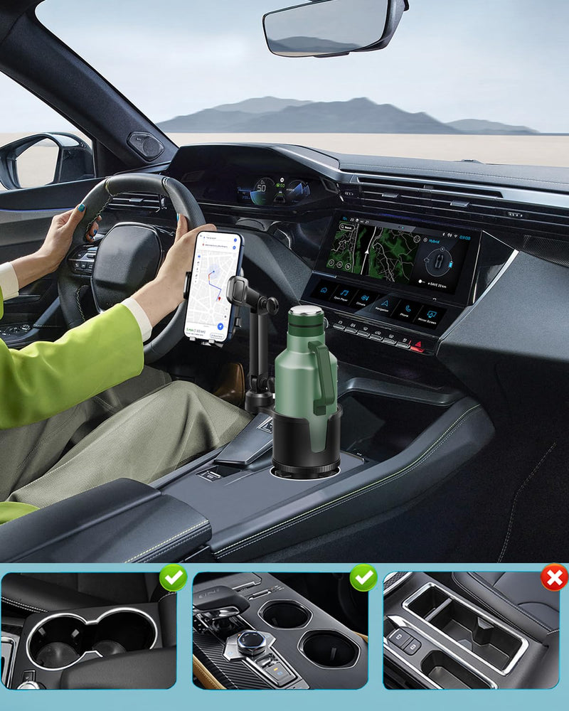 2-in-1 Cup Phone Holder for Car, 360° Adjustable Car Phone Mount | Anti-Slip Phone Cup Holder Long Arm, Fits 2.5–4" Cup Slots, Stable Holds Phones & Large Bottles, Compatible iPhone 17/16 Pro black