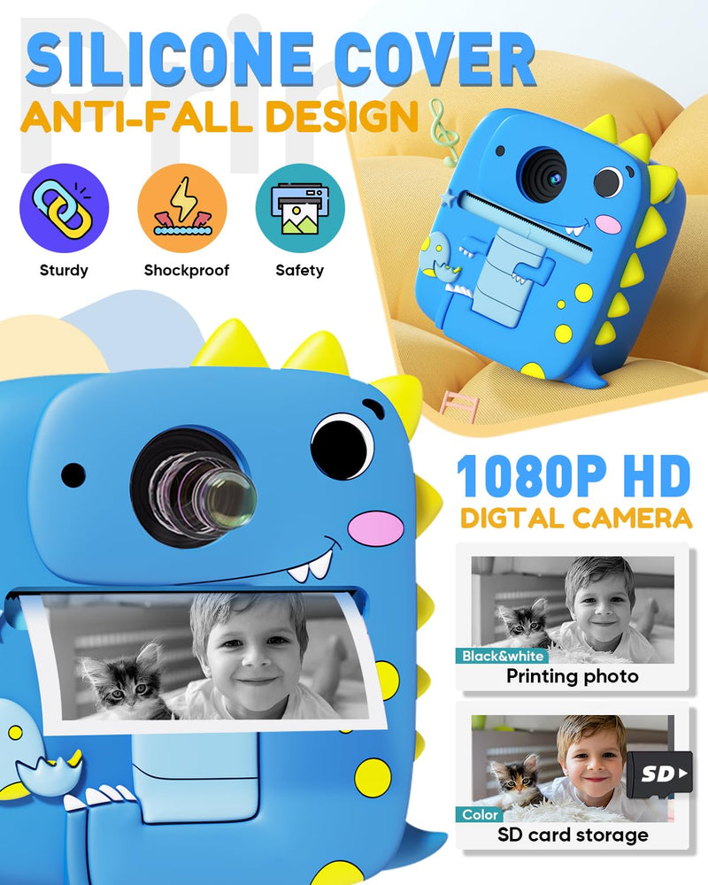 Kids Camera Instant Print, Christmas Birthday Gifts for Kids Age 3-8, 1080P Digital Camera with Silicone Cover, Toddler Portable Travel Toys for 3 4 5 6 7 8 Year Old Girls Boys-Blue Blue