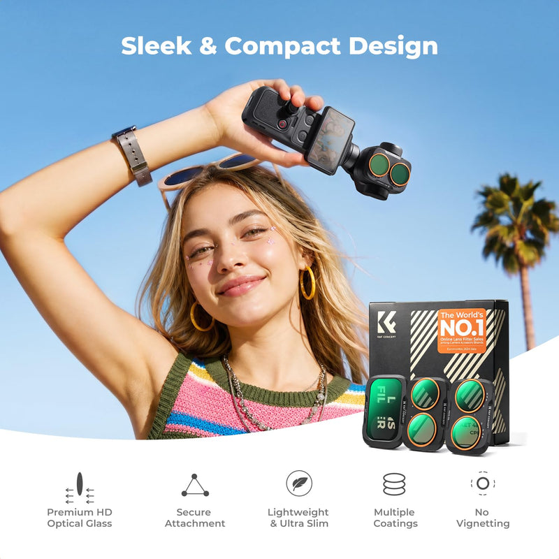 K&F CONCEPT 3-Pack Filter Kit Compatible with DJI Osmo Pocket 4P | CPL + Black Diffusion 1/4 + ND2-32 Filter Set with Snap-fit Mount, Ultra-Slim, Stowable, Versatile for Photography, FD172 CPL+Black Diffusion1/4+ND2-32