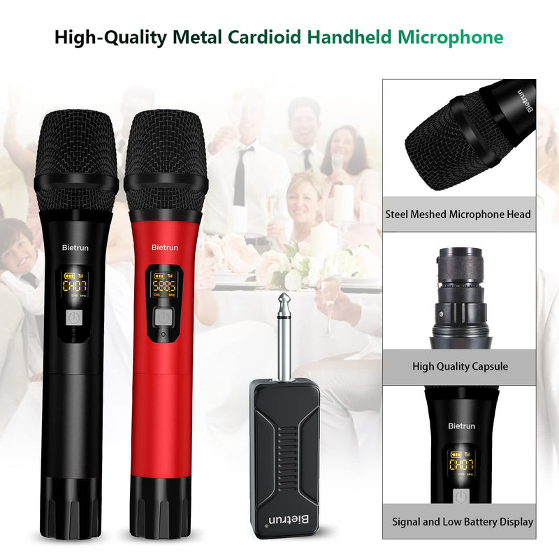 Bietrun Wireless Microphone Dynamic Mic System with Rechargeable Receiver, 1/4" Output, for Karaoke, Church, Speech, Wedding, Party Singing(160 ft Range)-Auto Connect Black Red