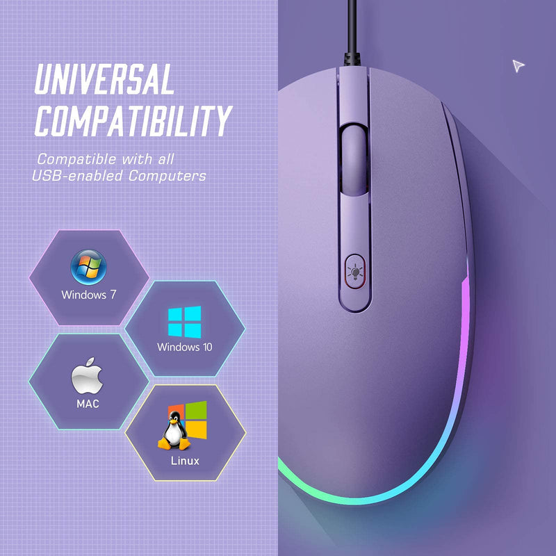 seenda Wired Mouse - USB Computer Mouse Wired with RGB Backlit Optical LED Mouse with Attached USB Cord for Laptops Notebooks Chromebook - Purple