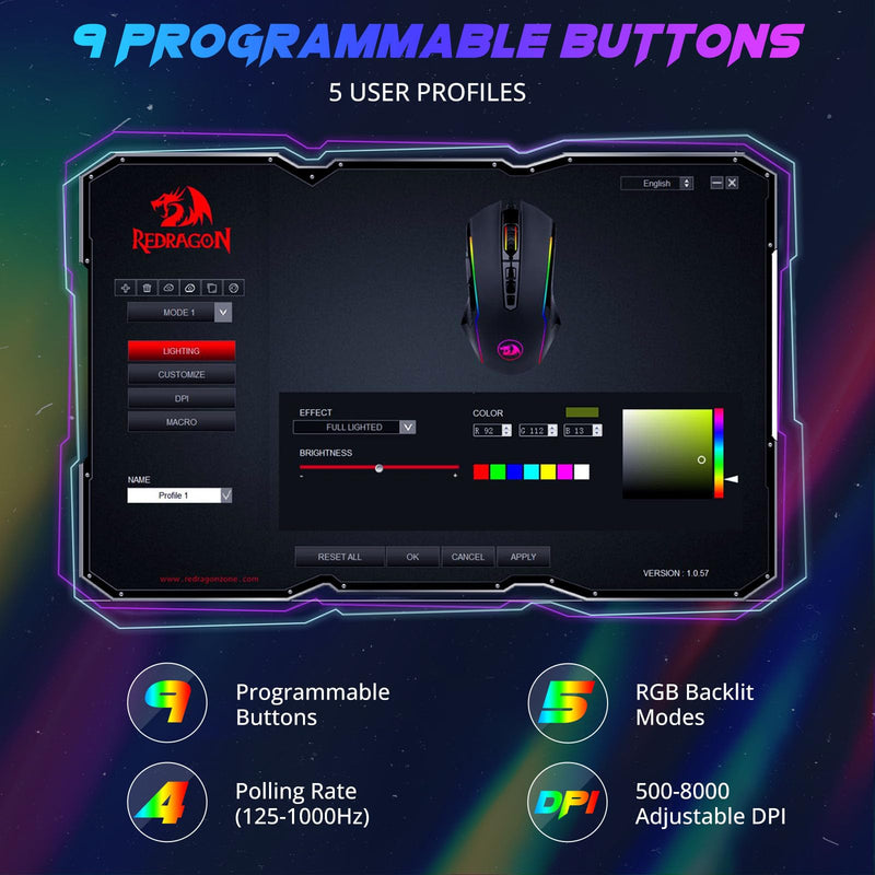 Redragon Gaming Mouse, Wired Gaming Mouse with RGB Backlit, 8000 DPI Adjustable, Mouse with 9 Programmable Macro Buttons & Fire Button, Software Supports DIY Keybinds, M910-K Black