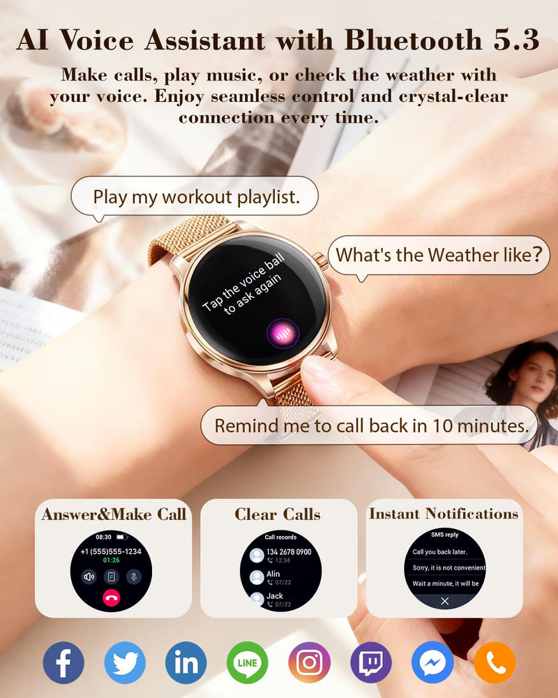 WalkerFit Smartwatch for Women, 1.43” AMOLED Fitness Watch with Bluetooth Calling, Wireless Magnetic Charging, Female Health Tracker, 120+ Sports Modes, IP68 Waterproof, Compatible with Android iOS Rose Gold