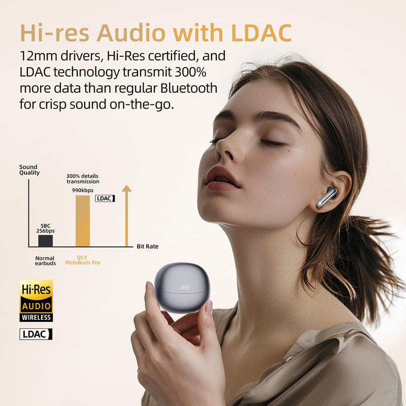 QCY MeloBuds Pro Aadptive Hybrid Active Noise Cancelling Wireless Earbuds, Reduce Noise by Up to 99%, Bluetooth 5.3 Wireless LDAC Hi-Res Audio, 34H Playtime, Comfortable Fit, Custom EQ via App Black