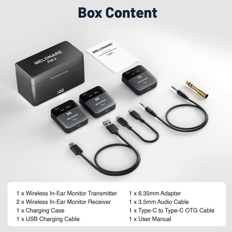 MELONARE Portable Wireless in Ear Monitor System with Charging Case PM-2 | Wireless Audio Transmitter and Receiver, 24bit/48kHz Audio, Mono/Stereo Switch, OTG Input, Live Shows, Studios, Bands