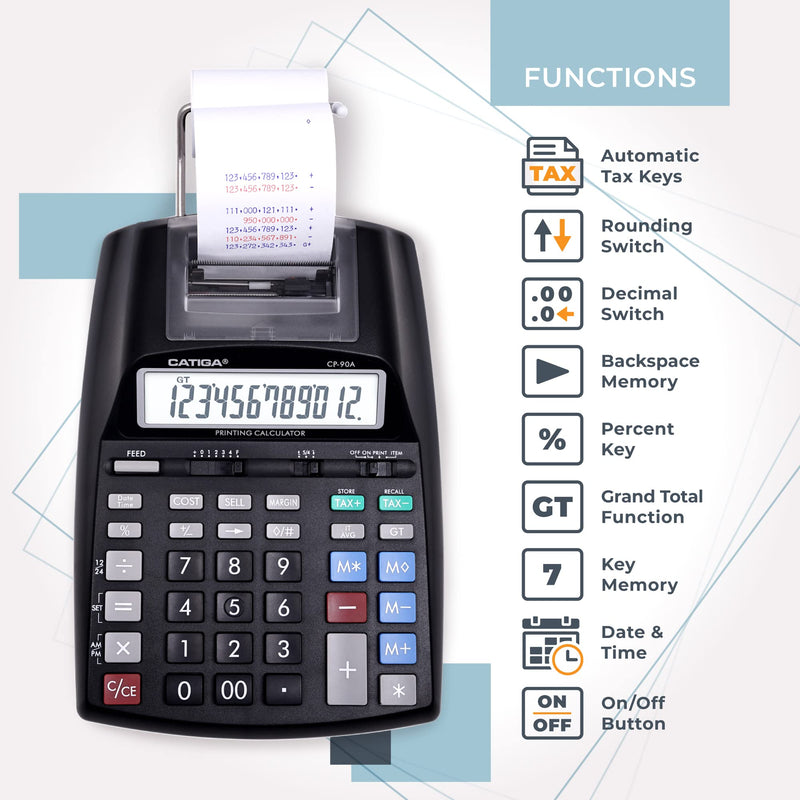CATIGA Printing Calculator with Tape Print Out - 10 Key Adding Machine with Paper Roll, Desktop Electric Calculator for Accounting, Business, Finance, Home Office Use CP90A 1) Black Pro