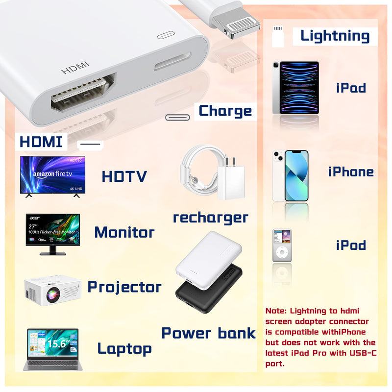 Lightning to HDMI Adapter [Apple MFi Certified], Lightning Digital AV Adapter 1080P Sync Screen Cable with Charging Port Compatible with iPhone/iPad on HDTV/Projector/Monitor No Power Needed HDMI Adapter White