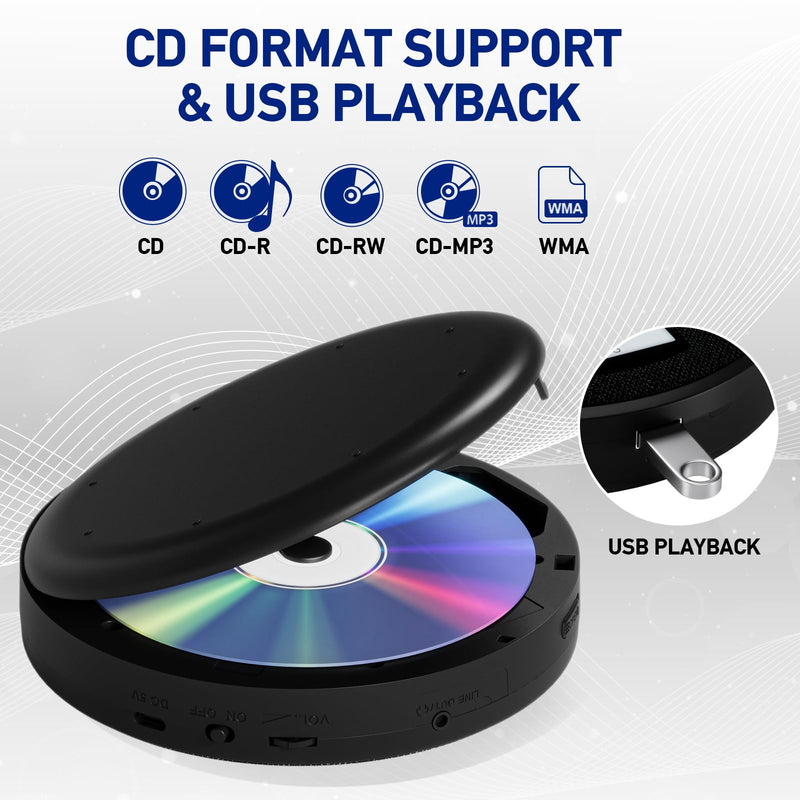 [AUSTRALIA] - Portable CD Player with Dual Bluetooth, Discman for Car with FM Transmitter, Rechargeable, Dual Speakers and Anti Skip,USB,AUX,LCD Display,Backlit Button,Repeat,10 Speeds Black 