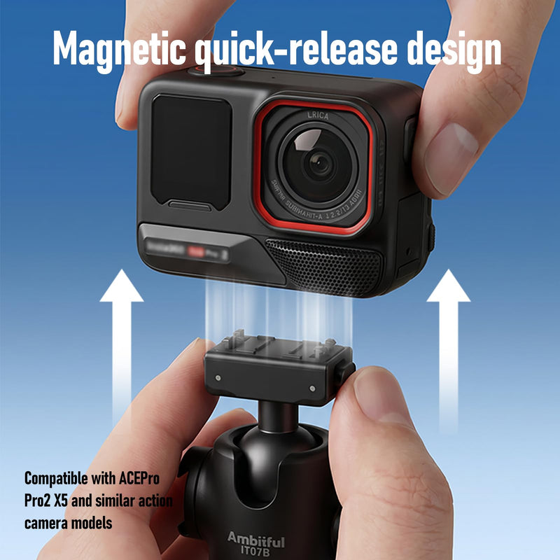 Ambitful Bluetooth Tripod Selfie Stick, Magnetic Mount for Insta360（IT07B | For Insta360 Ace Pro/X5/X4 ,2-in-1 13.3''-55.1'' selfie stick and tripod, Bluetooth remote 360 ball head, 1.5kg load IT07B