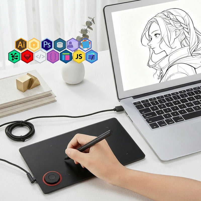 IMAGE Portable Graphics Drawing Tablet 8.9 * 5.3 Inch with 8192 Levels Battery-Free Pen and 1 Magic Circle 4 Hot Keys, Compatible with Windows/Mac/Android for Painting, Design & Online Teaching