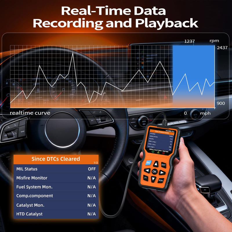 OBD2 Scanner and Battery Tester, Plug & Play Check Engine Light Code Reader, 12V Battery Analyzer for Car Motorcycle, Live Data, Smog Check, 2025 Upgraded Car Computer Reader(No Battery Needed) yellow