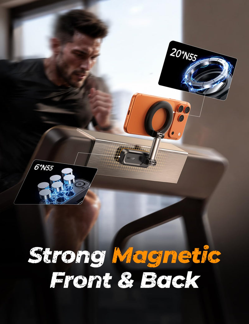 Upgraded Magnetic Phone Holder for Gym, 360° Rotatable Base, Dual-Magnet | Strong Dual Magnet, Portable Foldable Design, Metal Arm, Gym Essentials for Bodybuilder Men Women Recording Fitness Exercise Black
