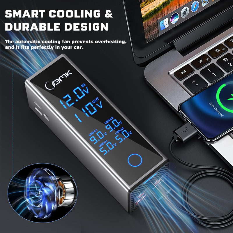 300W Car Power Inverter 12V DC to 110V AC Outlet Adapter 4 Fast USB Ports with PD 36W QC3.0 LCD Voltage Display Stackable Design for Laptop CPAP Road Trip Essentials Gray with black