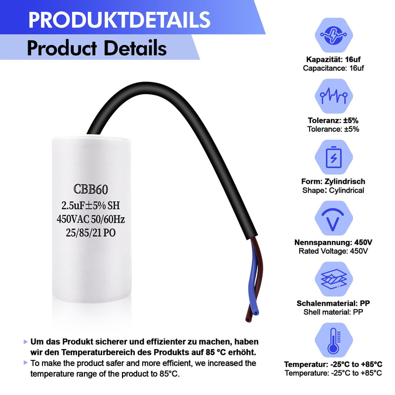 JUNUNDJING CBB60 450V 2.5uF 50/60HZ Starting Capacitor with 15 cm Extension Wire, Motor Operating Capacitor, AC Motor Capacitor, for Household Appliances such as Electric Motors and Air Conditioners