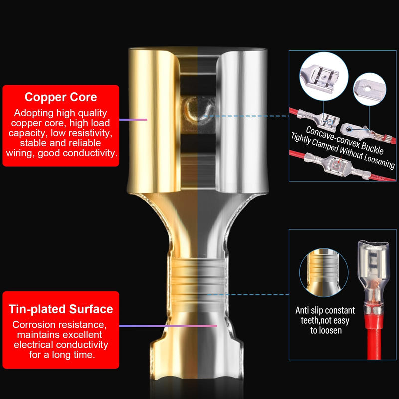 100 x thickened 6.3 mm blade receptacles and 100 x flat connectors, brass tinning, highly conductive blade receptacles 6.3 mm with insulating sleeves 6.3mm Spade Connectors