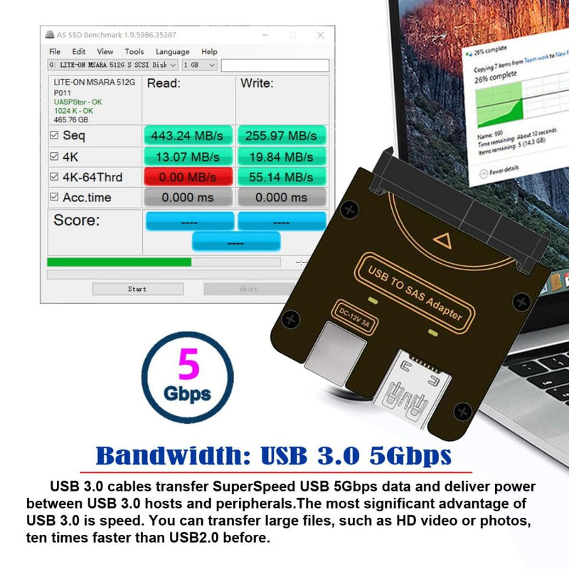 chenyang USB 3.0 to SAS Adapter for 2.5/3.5" SFF-8482 SAS Hard Disks to USB Converter Adapter with Power Supply (Need Power Supply to Work)