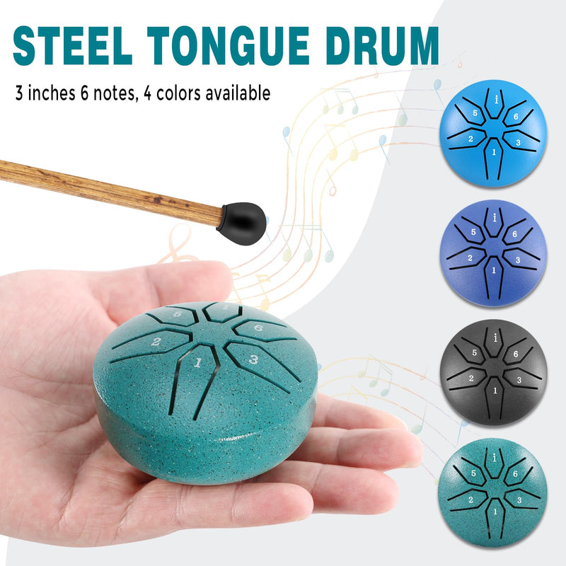 EASTROCK Mini Steel Tongue Drum for Kids 3 Inch 6 Notes Percussion Instrument Handpan Drum C Key with Mallets,Music Book (Green) Green