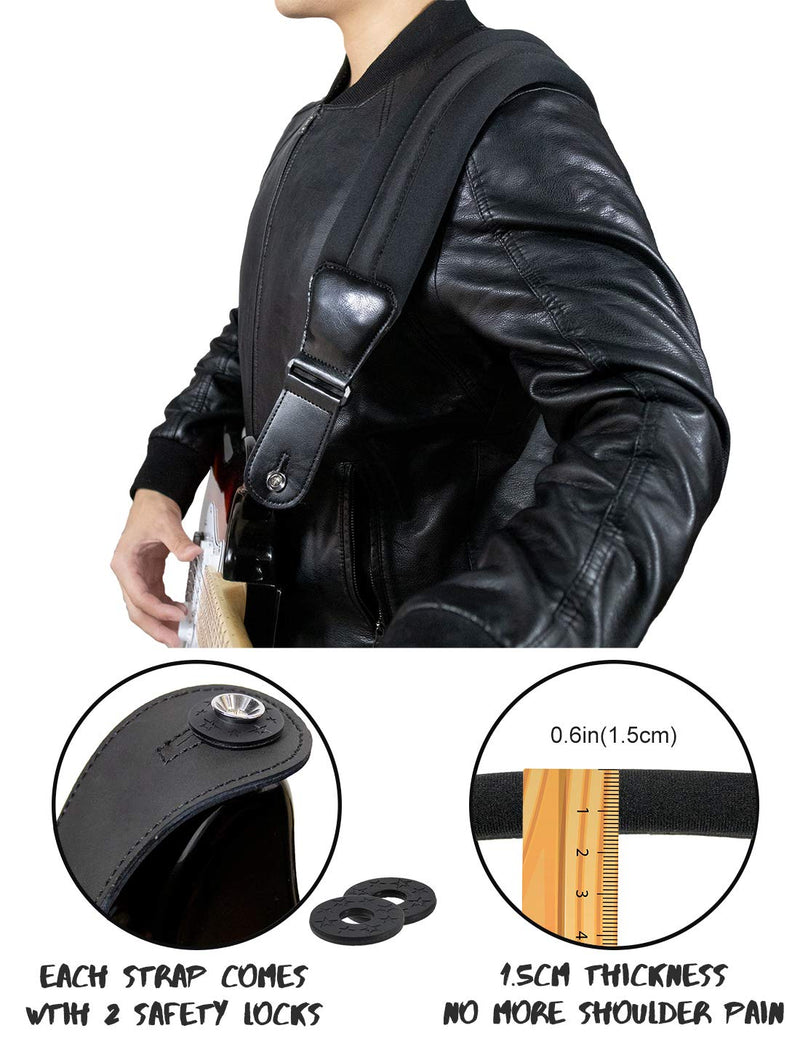 Wepop Guitar Strap Elastic Soft Comfortable Neoprene Leather 3.4in Bass Acoustic Electric Guitar (391) Black-391