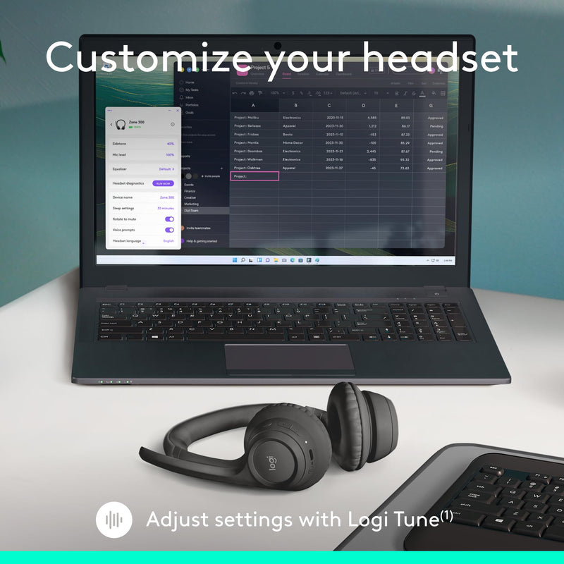 Logitech Zone 301 Wireless Bluetooth Headset - Graphite | Noise-canceling microphone, compatible with Windows, Mac, Chrome, Linux, iOS, iPadOS, Android