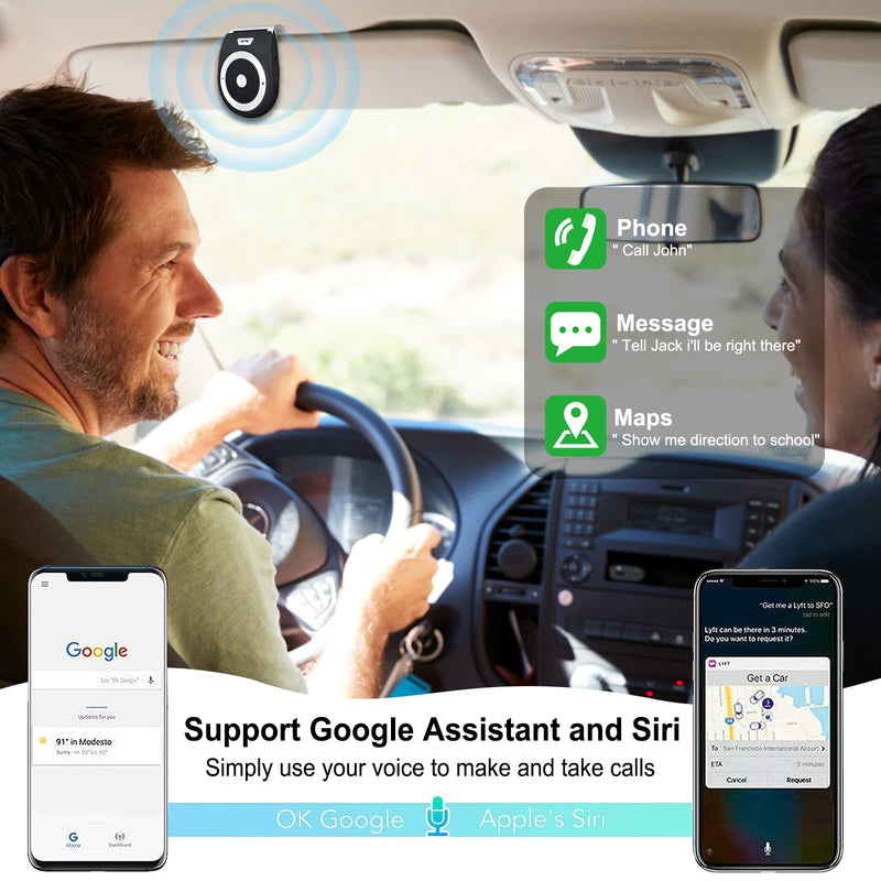 Bluetooth Hands Free Cell Phone Car Kit, Motion Auto On, Wireless in-Car Speakerphone for Handsfree Talking, Voice Guidance, Support Siri Google Assistant Car Handsfree Speaker with Visor Clip
