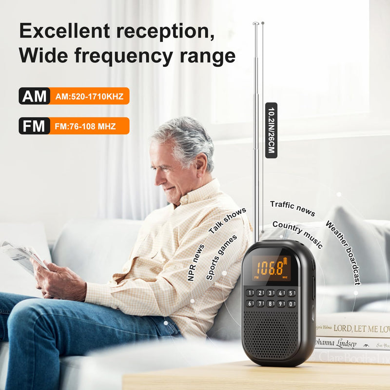 [AUSTRALIA] - Pocket AM FM Radio:1100mAh Rechargeable Radio Supports Bluetooth, Mini FM AM Receiver with Large Speaker, Stereo Earphone, Sleep Timer, Easy to use for Jogging, Walking Black 