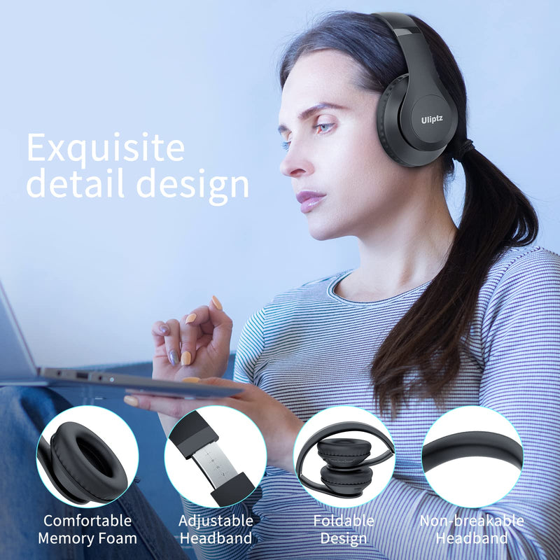 Uliptz Wireless Bluetooth Headphones, 65H Playtime, 6 EQ Sound Modes, HiFi Stereo Over Ear Headphones with Microphone, Foldable Lightweight Bluetooth 5.3 Headphones for Travel/Office/Cellphone/PC Black