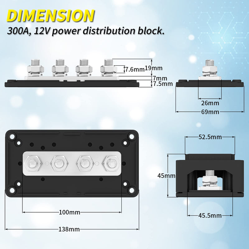 Joinfworld 300A Bus Bar Waterproof Power Distribution Block Heavy Duty with Battery Disconnect Switch 12V-48V