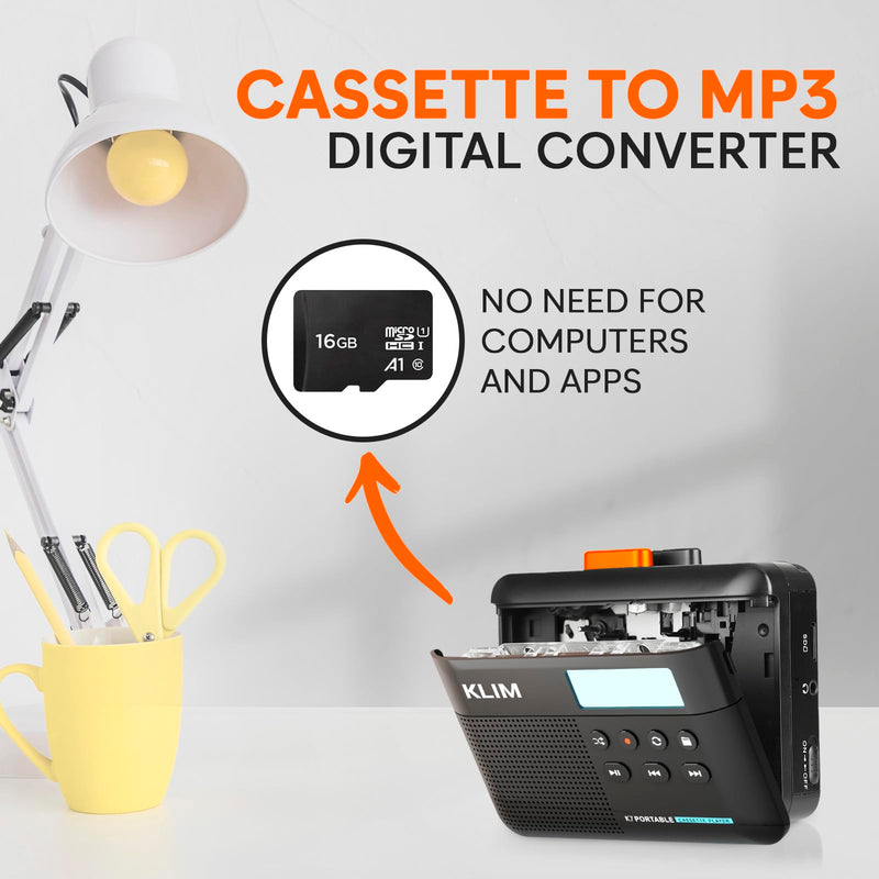 [AUSTRALIA] - KLIM K7 Cassette Tape Player - Cassette to MP3 Converter - Portable - Built-in Microphone & Speaker - Rechargeable Battery - Earphones - 16GB SD Card - Black-Orange Black Orange 