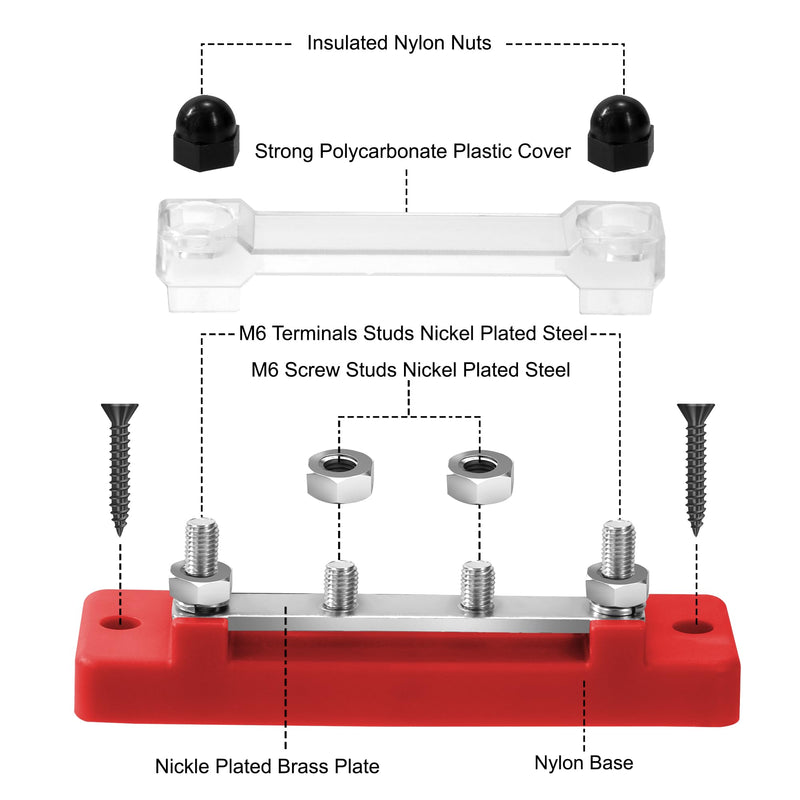 GUNGY Busbar 12V-48V DC Busbars Distribution Block Busbar 150A Power Distribution Block with 4 x M6 Connection Bolts for Car RV Boat Red Black Pack of 2