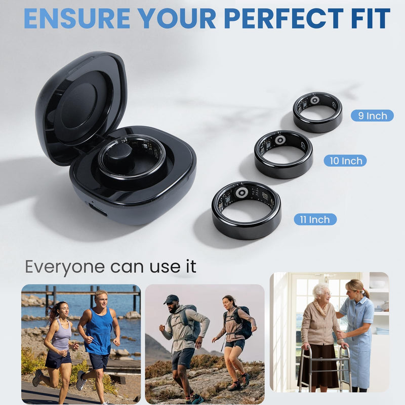 Smart Ring Health Tracker with Portable Charging Cases, Size 11 | ZERO Fees For IOS+Andriod & IP68 Waterproof & Heart Rate & Sleep Tracking, Fitness Ring for Men & Women, Size 9-11