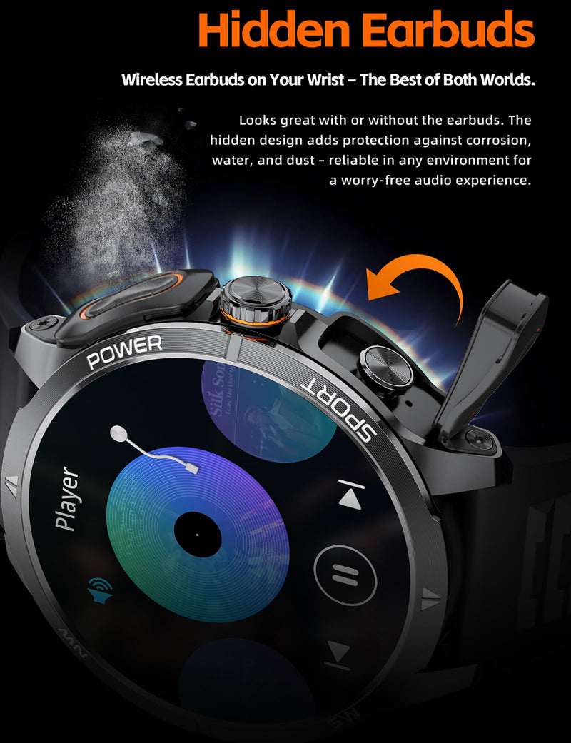 Smart Watch with Earbuds for Men,1.7 HD Screen，Double Strap | 2-in-1 Design,Magnetic Earbuds,Configure a steel strap and a silicone strap,Comes with 2 glass screen protectors as a gift Black-GT200