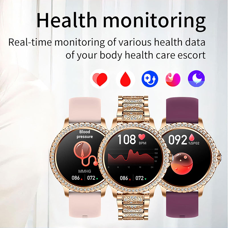 Yihou Luxury Gold Smart Watches for Women, Diamond Round Designer Fitness Tracker Smartwatch for Android iOS Phones with Make/Answer Call Sleep Monitor