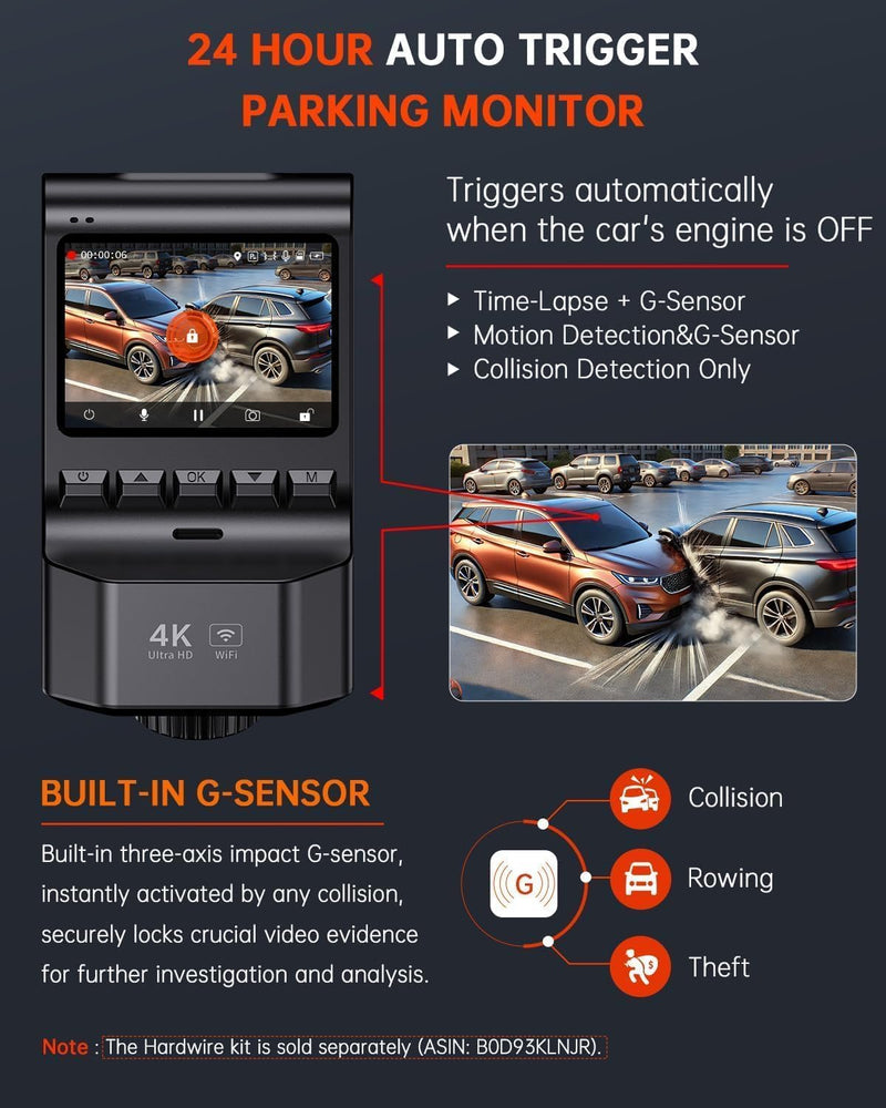 [AUSTRALIA] - Dash Cam Front and Rear, 4K Ultra HD+1080P Dash Camera for Cars, Built-in Wi-Fi GPS, Included 32GB Card, 2.0'' IPS Screen Mini Car Camera, App, Night Vision, 170°Wide Angle, 24H Parking Mode Black 