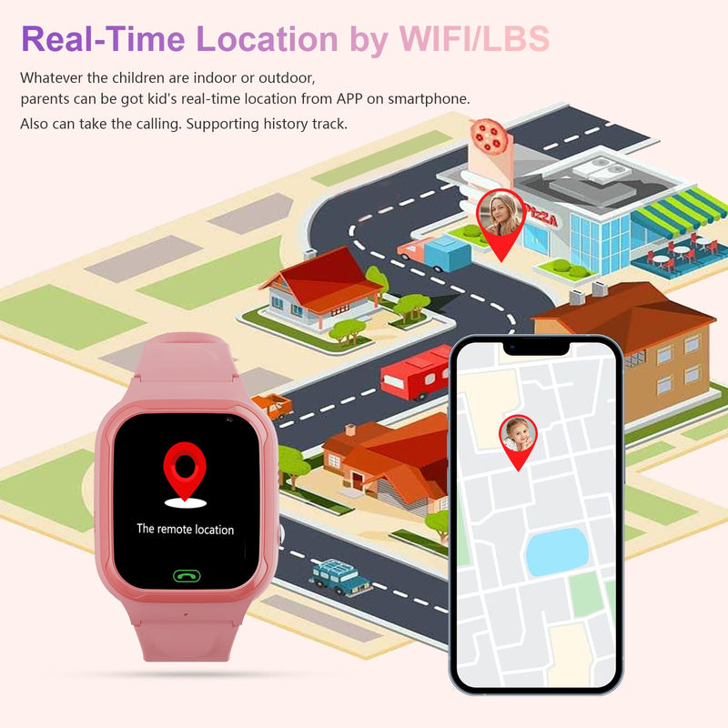 4G Kids Smart Watch GPS Tracker, Boys Girls Kids Smartwatches Phone Watch Video Call SOS Emergency Alarm Voice Chat Game and Touch Screen Tracking Smartwatch for Age 4-12 (Pink) Pink