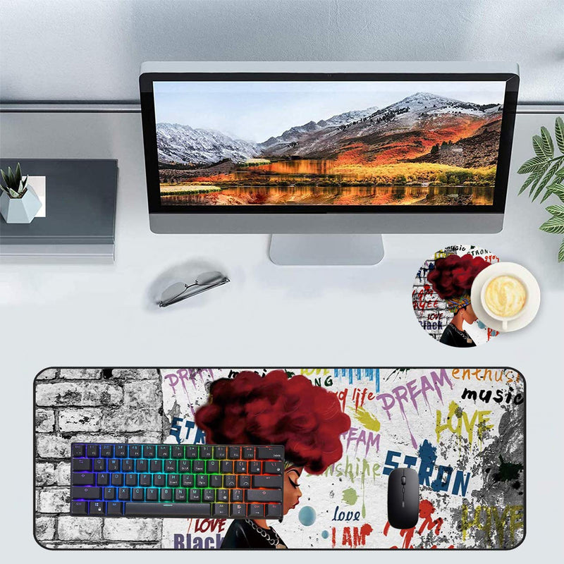 Extended Gaming Mouse Pad and Coaster,Large Non-Slip Rubber Base Mousepad with Stitched Edges,Waterproof Mouse Mat Desk Pad for Work,Office,Home -African Black Woman Graffiti Girls with Red Hair Ya-mousepad-5-1