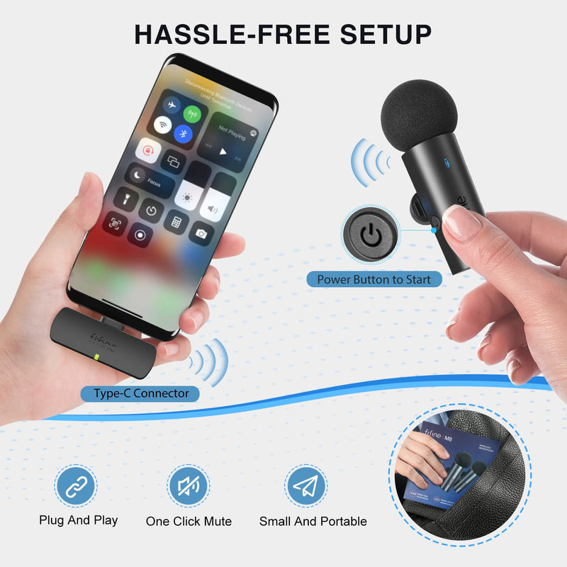 FIFINE Wireless Lavalier System with 2 Microphones, Lapel Mic Clear Sound for YouTube Video Interview Vlog, Dual Mini Mic with Type C Receiver for Android Phone/Tablet/Iphone15(USB C) Laptop-M8 M8 (Two Mics)