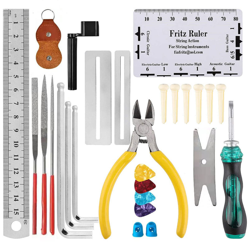 28PCS Guitar Tool Kit,Guitar Repair Tools Kit,Professional Guitar Repairing Maintenance Tool Kit with Wire Plier String Organizer Fingerboard Protector Hex Wrenches Files String Action Ruler Spanner 28PCS