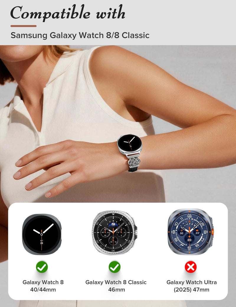 Minyee 2 Packs Compatible with Samsung Galaxy Watch 8 Band Women, Celtic Knot Leather Band & Dressy Stainless Steel Metal Multi-chain Adjustable Link Bracelet
