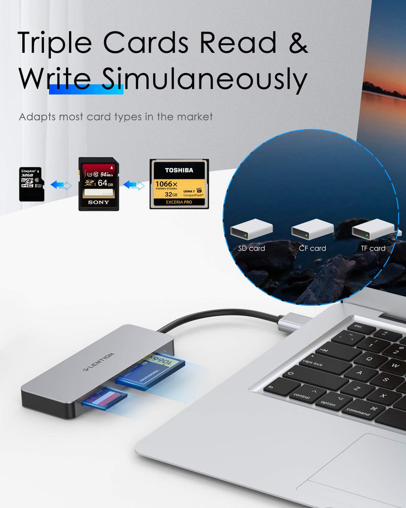 LENTION USB 3.0 to CF/SD/Micro SD Card Reader, SD 3.0 Card Adapter for SD/SDHC/SDXC/MMC/RS-MMC/Micro SD/Micro SDHC/Micro SDXC/CF Type I, Compatible Windows, MacOS, ChromeOS, More (CB-H12, Space Gray)